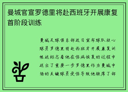 曼城官宣罗德里将赴西班牙开展康复首阶段训练